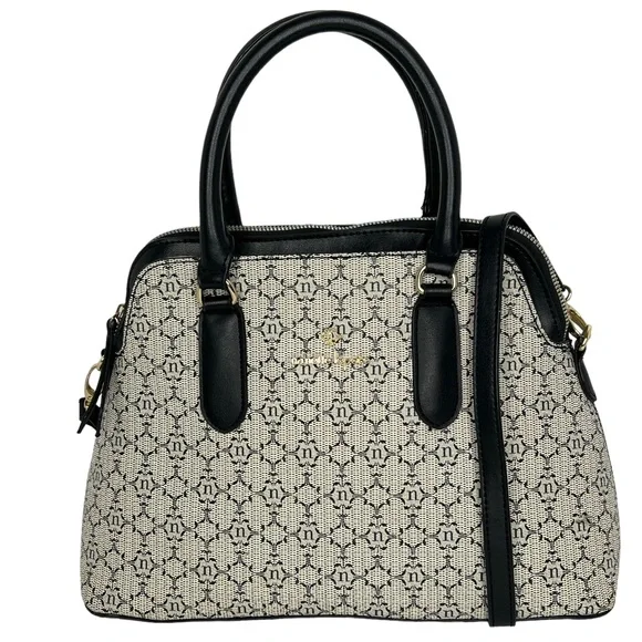 Nanette Lepore Gray Black Logo Print Zip Top Dome Satchel Crossbody Bag - Picture 2 of 13